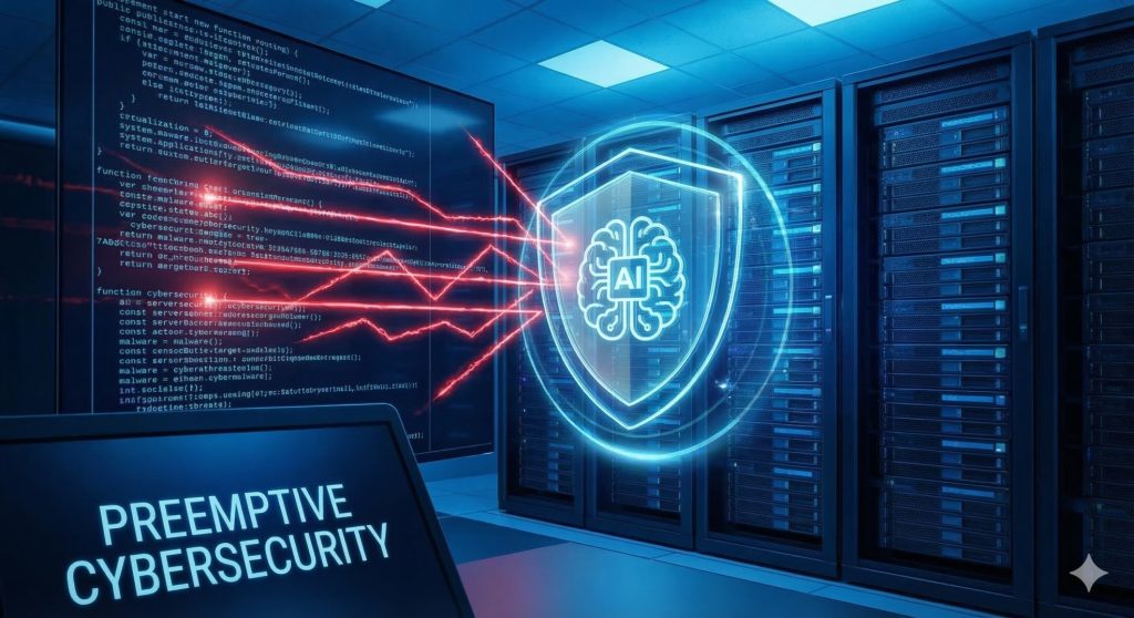 Preemptive cybersecurity - AI shield protecting business servers from cyber threats