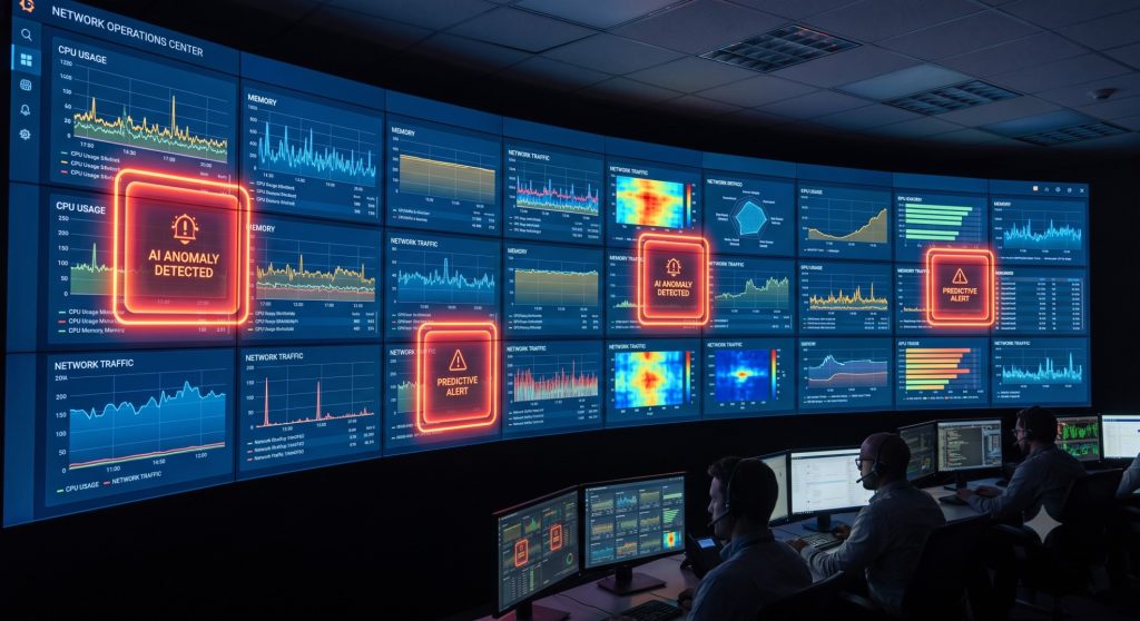 AIOps for server management dashboard showing predictive alerts and server health metrics in a NOC