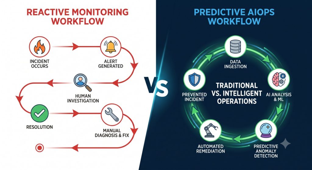 Diagram comparing reactive server monitoring with predictive AIOps for server management workflow