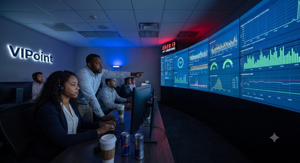 VIPoint engineers using AIOps for server management in a 24/7 network operations center