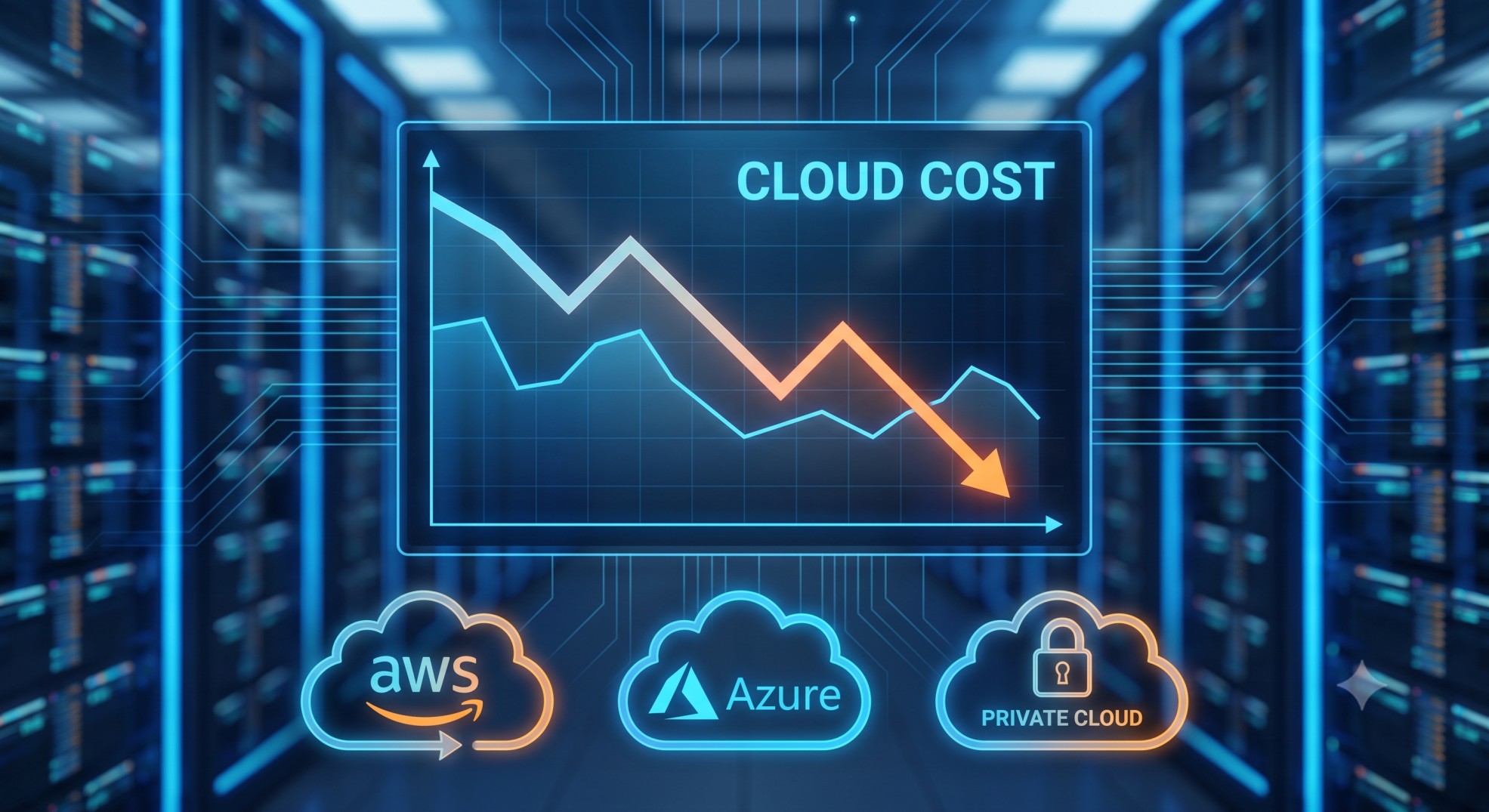 Cloud cost optimization dashboard showing reduced monthly cloud spend across AWS and Azure