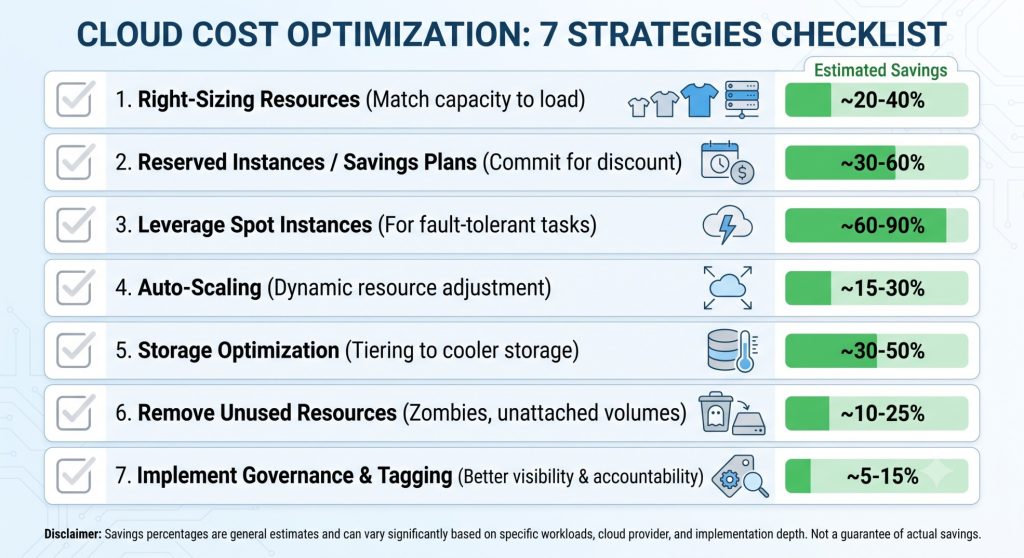 Infographic listing seven cloud cost optimization strategies including rightsizing, scheduling, and hybrid cloud