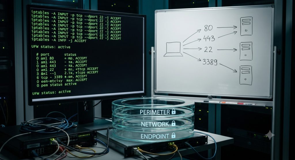 Linux server hardening firewall configuration — default-deny policy and service reduction