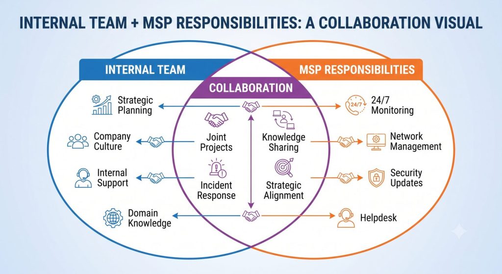 Co-managed IT model — internal team plus managed IT services provider working together